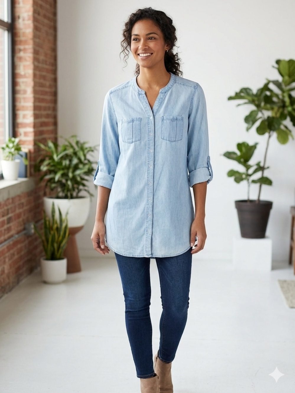 New Directions Weekend Chambray Tunic Shirt Light Wash Denim Blue Medium M